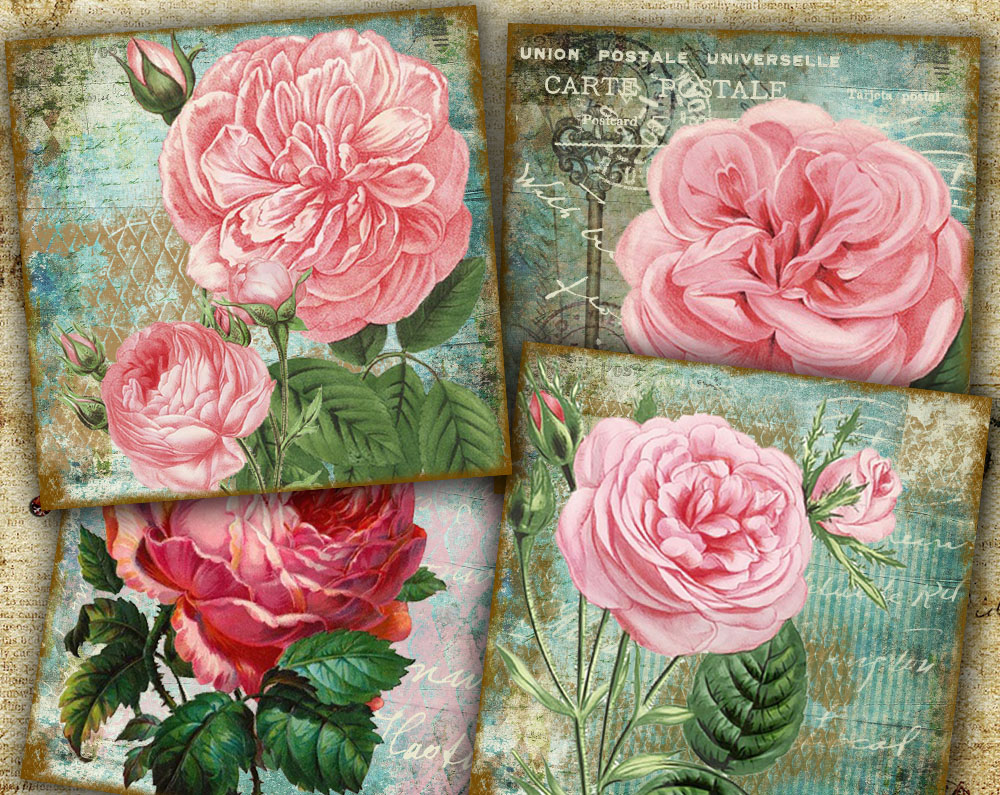 Floral Coasters - Digital Collage Sheet - Vintage Cards - Digital Cards - Printable Cards - Floral Cards