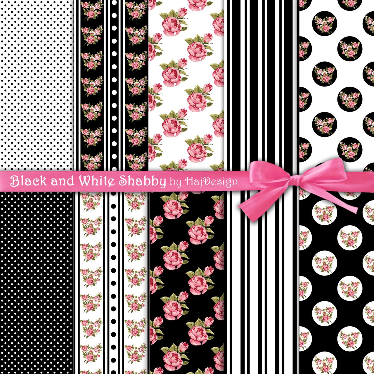 Shabby Chic Black And White - Digital Collage Sheet - Digital Paper - Decoupage - Scrapbook - Printable Paper - Floral Paper