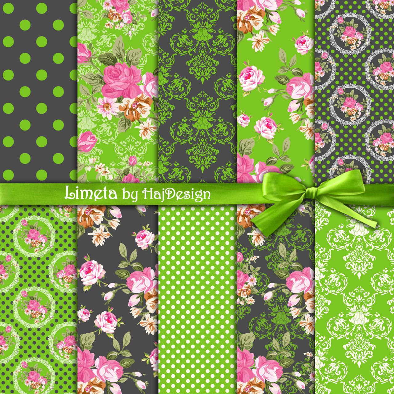 Limeta - Digital Collage Sheet - Digital Paper - Decoupage Paper - Scrapbook Paper - Shabby Chic - Floral Paper - Green