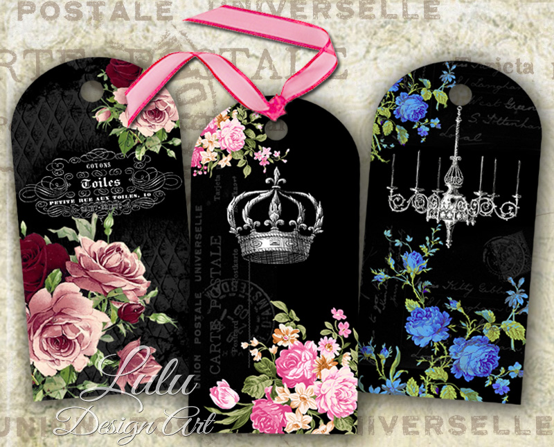 Black Elegance - Digital Collage Sheet - Digital Paper - Hang Tags - Printable Paper - Printable Cards - Printable Tags - Floral - Roses