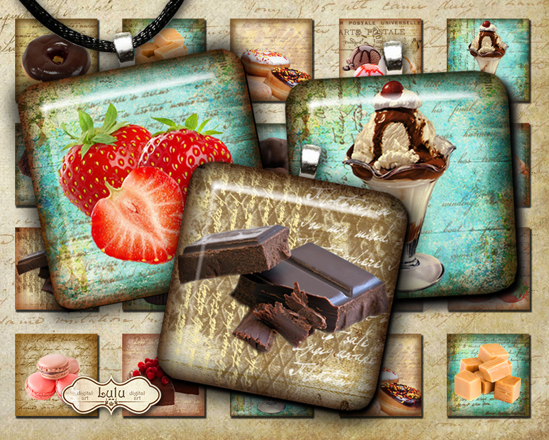 Yummy - Digital Collage Sheet - Digital Paper - 1 Inch Square - Jewelry- Magnets - Buttons - Glass Pendant - Scrapbooking - Patisserie