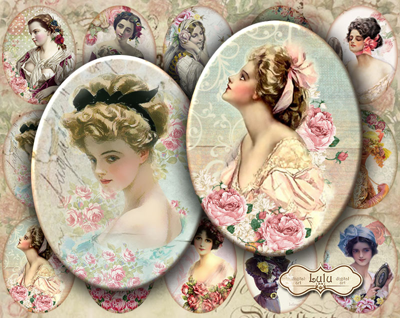 Vintage Vanity - Digital Collage Sheet - Oval Images - 30 X 40 Mm - Cabochon - Printable Images - Scrapbooking - Diy Jewelry - Vintage Images