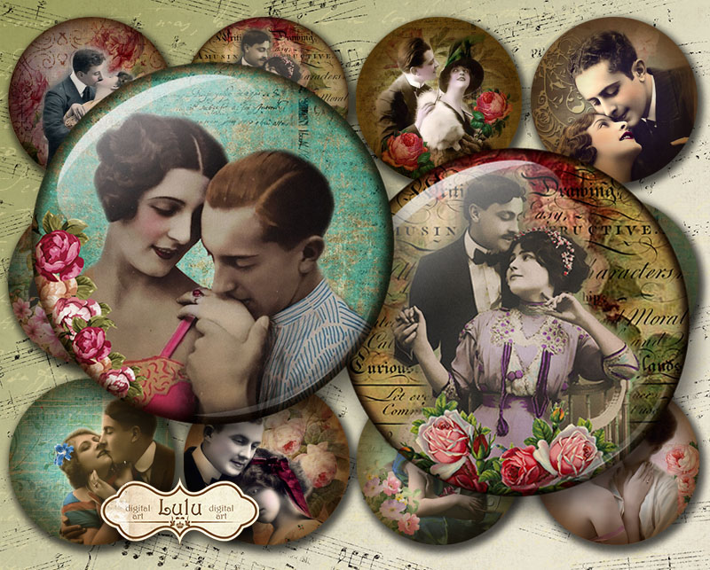 Vintage Love Couples - Digital Collage Sheet - Digital Paper - 2,5 Inch - Circle Images - Pocket Mirror - Pendants - Printable Images