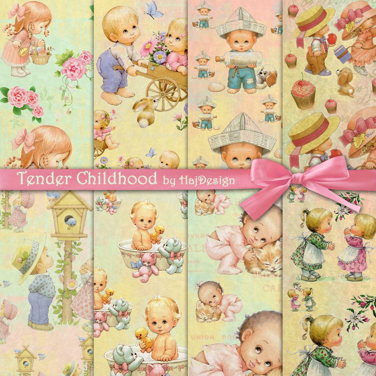 Tender Childhood - Digital Collage Sheet - Digital Paper - Printable Paper - Scrapbook, Decoupage, Paper Craft, Scrapbooking